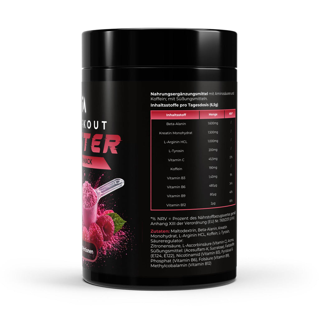 Bivalta Pre-Workout Booster Pulver mit Himbeer-Geschmack in schwarzer Premium-Verpackung mit Himbeermotiv. Trainingsbooster mit Kreatin, Beta-Alanin und Koffein, 80 Portionen.