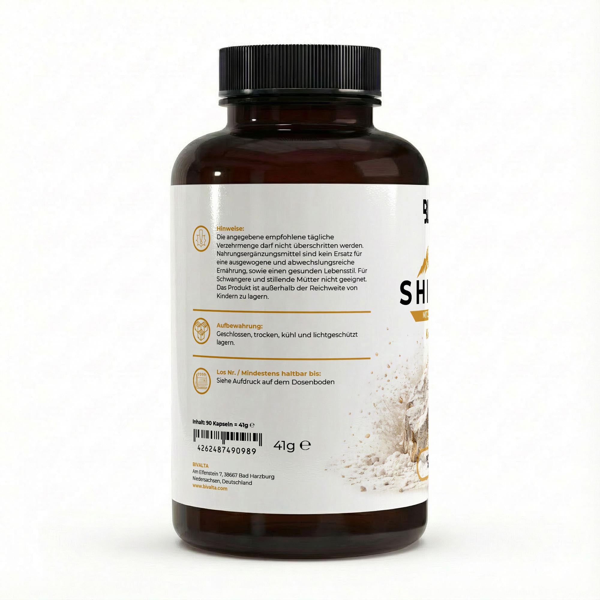 Bivalta Shilajit Kapseln in weiß-goldenem Premium-Design mit Bergmotiv. Vegane Shilajit Kapseln mit 20 % Fulvinsäure und hochdosiertem Shilajit Extrakt.