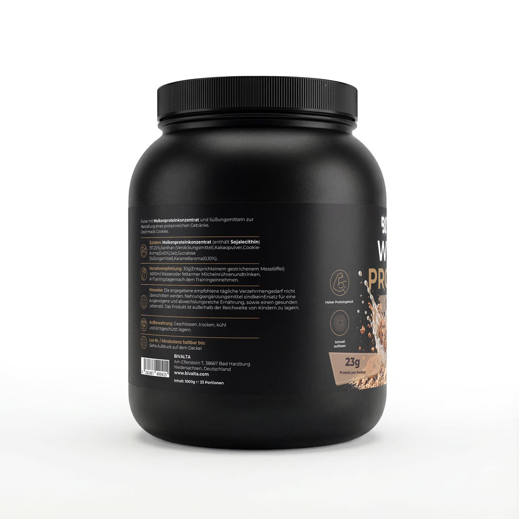Bivalta Premium Whey Protein Pulver mit Cookies-Geschmack in schwarzer Premium-Verpackung mit Cookie-Motiv. Proteinpulver mit 23,4 g Protein pro Portion und 33 Portionen.