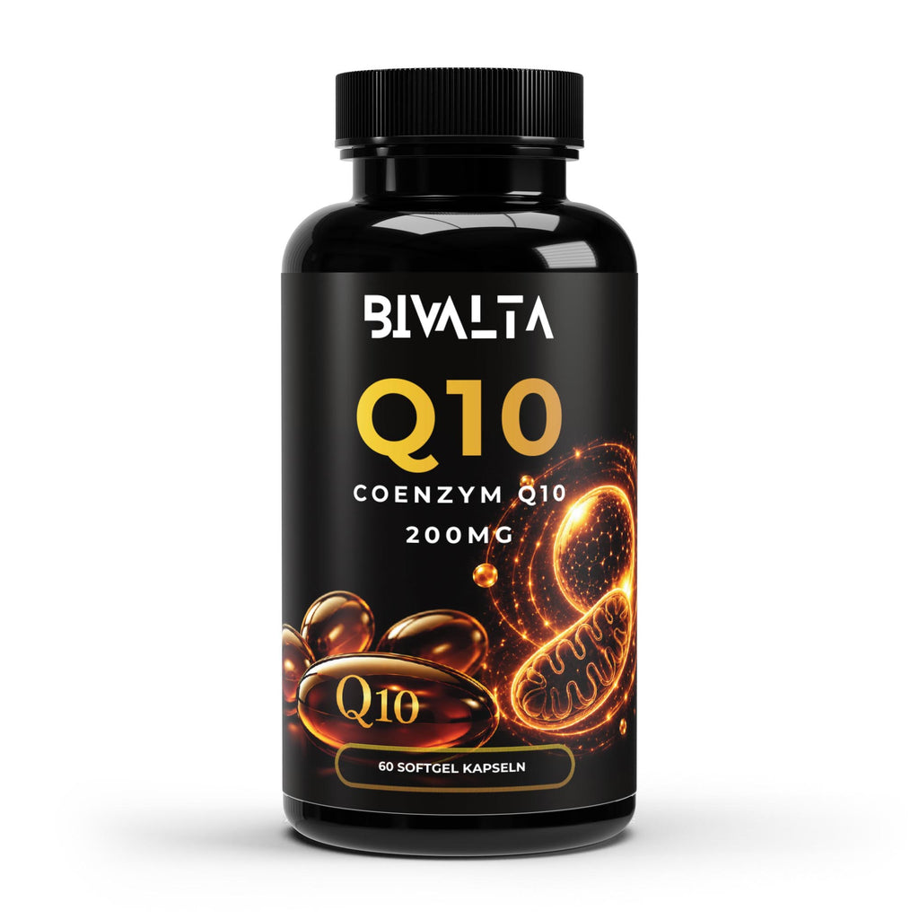 Bivalta Coenzym Q10 200mg Softgel Kapseln in schwarzem Premium-Design mit goldener Q10-Grafik. Hochdosierte Softgel Kapseln mit Coenzym Q10 (Ubichinon).