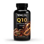 Bivalta Coenzym Q10 200mg Softgel Kapseln in schwarzem Premium-Design mit goldener Q10-Grafik. Hochdosierte Softgel Kapseln mit Coenzym Q10 (Ubichinon).