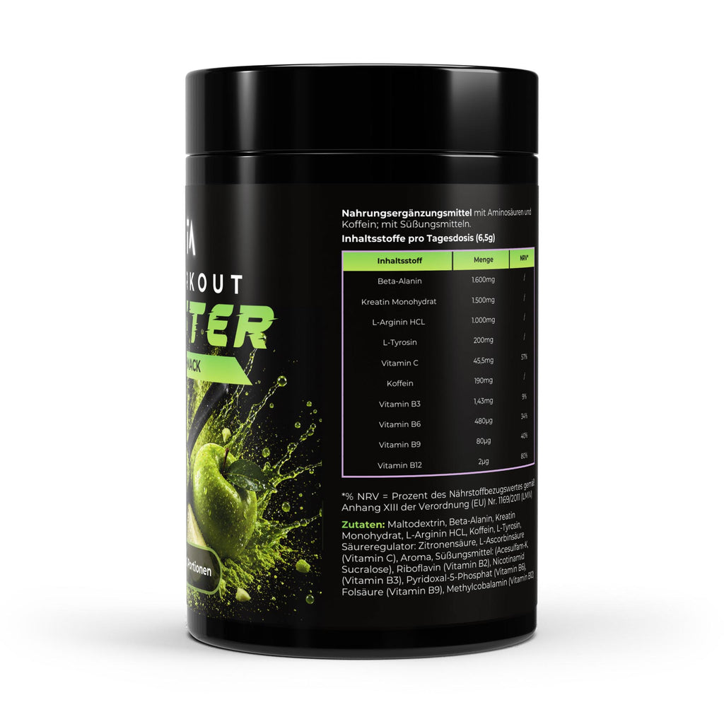 Bivalta Pre-Workout Booster Pulver mit Apfelgeschmack in schwarzer Premium-Verpackung mit Apfelmotiv. Trainingsbooster mit Kreatin, Beta-Alanin und Koffein, 80 Portionen.