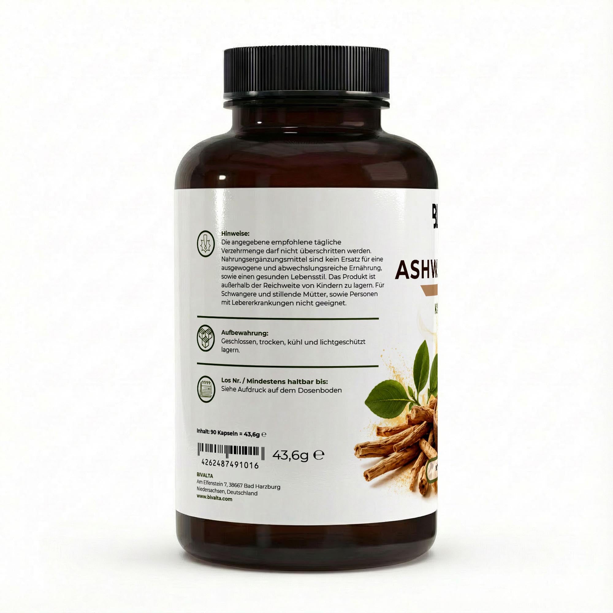 Bivalta Ashwagandha Kapseln in brauner Premium-Dose mit weißem Etikett und Ashwagandha-Wurzelmotiv. Nahrungsergänzungsmittel mit 10 % Withanoliden und 90 veganen Kapseln.