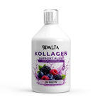 Bivalta Kollagen Support PLUS+ Shots in violettem Premium-Design mit Wildbeerenmotiv. Flüssige Kollagen Formel mit Kollagen Typ 1, 2 & 3, Hyaluronsäure und MSM.
