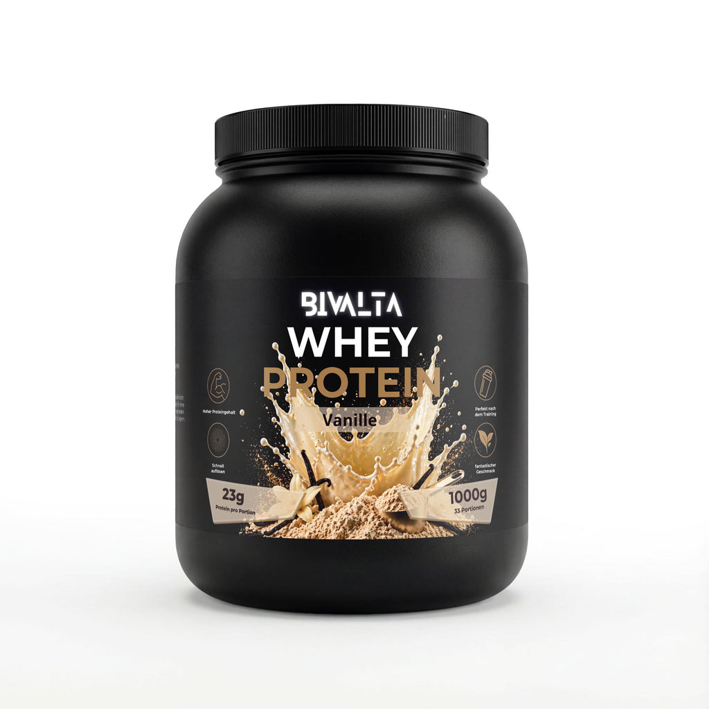 Bivalta Premium Whey Protein Pulver mit Vanillegeschmack in schwarzer Premium-Verpackung mit Vanillemotiv. Proteinpulver mit 23,43 g Protein pro Portion und 33 Portionen.