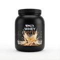 Bivalta Premium Whey Protein Pulver mit Vanillegeschmack in schwarzer Premium-Verpackung mit Vanillemotiv. Proteinpulver mit 23,43 g Protein pro Portion und 33 Portionen.