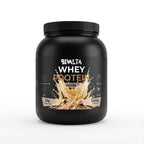 Bivalta Premium Whey Protein Pulver mit Vanillegeschmack in schwarzer Premium-Verpackung mit Vanillemotiv. Proteinpulver mit 23,43 g Protein pro Portion und 33 Portionen.