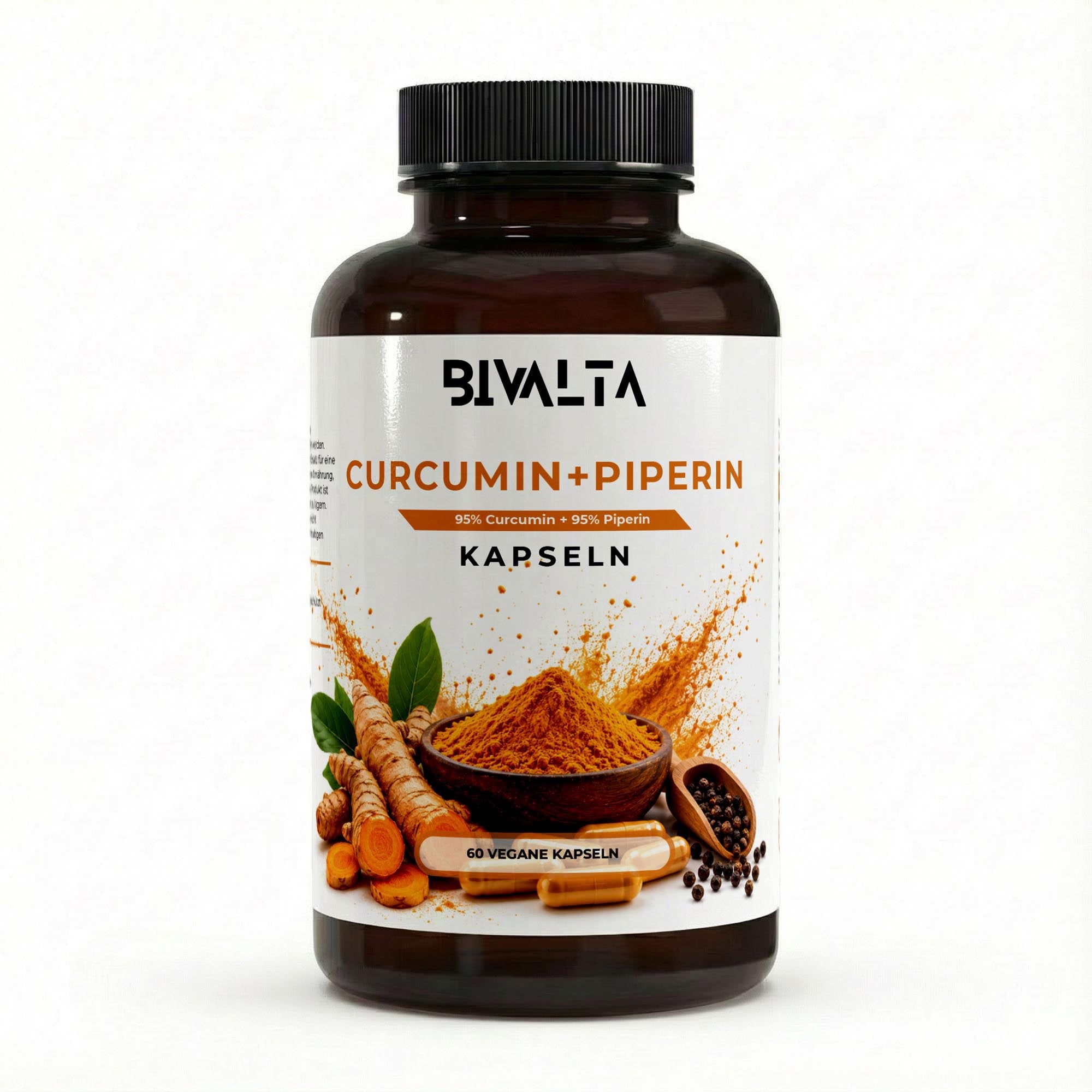 Bivalta Curcumin + Piperin Kapseln in weiß-goldenem Premium-Design mit Kurkuma- und Pfeffermotiv. Vegane Curcuma Kapseln mit 95 % Curcumin und Piperin.