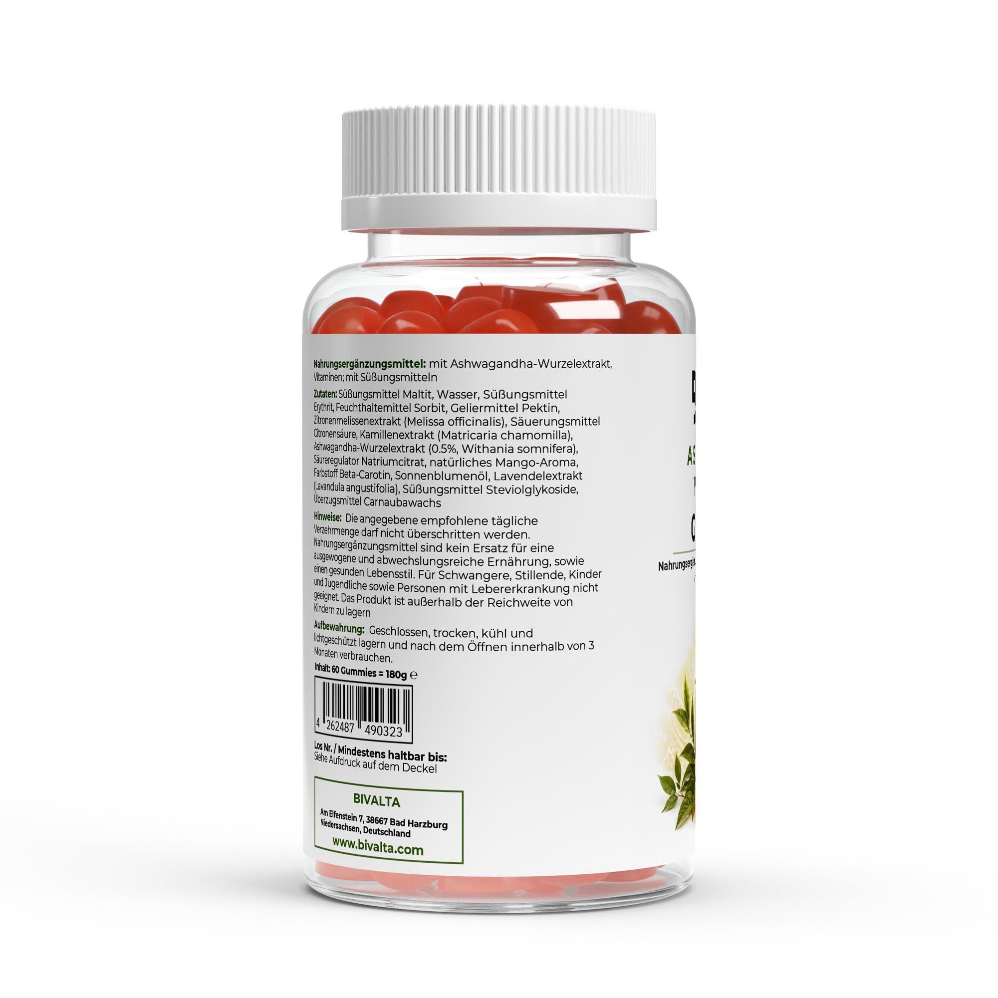 Bivalta Ashwagandha + Vitamin B6 Gummies in brauner Premium-Dose mit weißem Etikett, Mango- und Pflanzenmotiv. Vegane Gummies mit Ashwagandha-Wurzelextrakt und Vitamin B6 ohne Zucker.