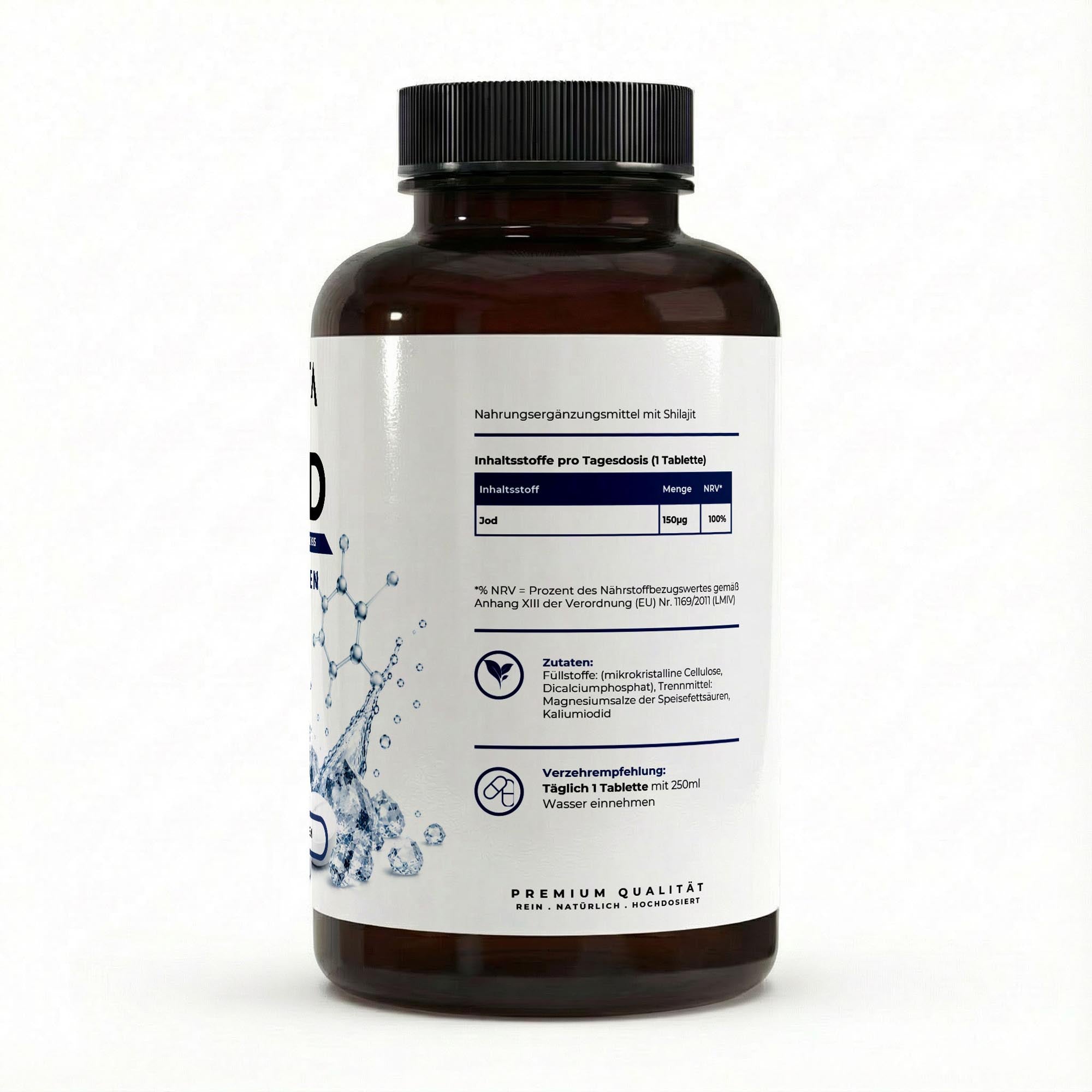 Bivalta Jod Tabletten in weiß-blauem Premium-Design mit Wasser- und Molekülmotiv. Vegane Jod Tabletten mit 150 µg Jod pro Tagesdosis.