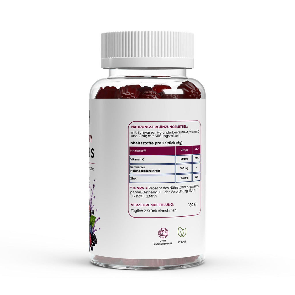 Bivalta Elderberry Gummies in brauner Premium-Dose mit weißem Etikett und Beerenmotiv. Vegane Gummies mit schwarzem Holunderbeerextrakt, Vitamin C und Zink, ohne Zuckerzusatz.