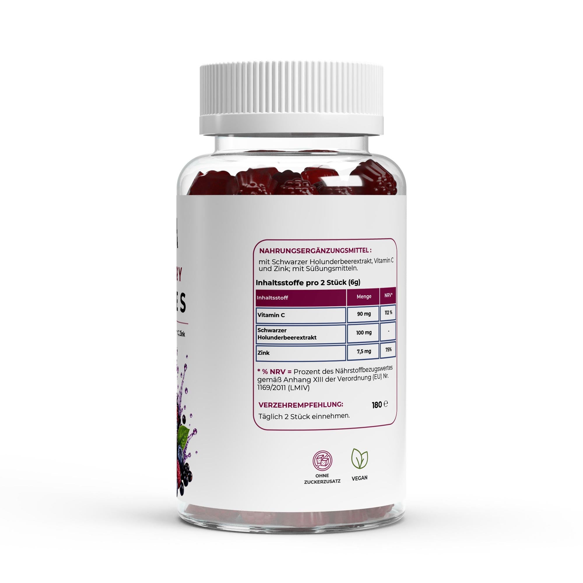 Bivalta Elderberry Gummies in brauner Premium-Dose mit weißem Etikett und Beerenmotiv. Vegane Gummies mit schwarzem Holunderbeerextrakt, Vitamin C und Zink, ohne Zuckerzusatz.
