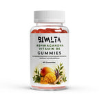 Bivalta Ashwagandha + Vitamin B6 Gummies in brauner Premium-Dose mit weißem Etikett, Mango- und Pflanzenmotiv. Vegane Gummies mit Ashwagandha-Wurzelextrakt und Vitamin B6 ohne Zucker.