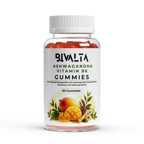 Bivalta Ashwagandha + Vitamin B6 Gummies in brauner Premium-Dose mit weißem Etikett, Mango- und Pflanzenmotiv. Vegane Gummies mit Ashwagandha-Wurzelextrakt und Vitamin B6 ohne Zucker.