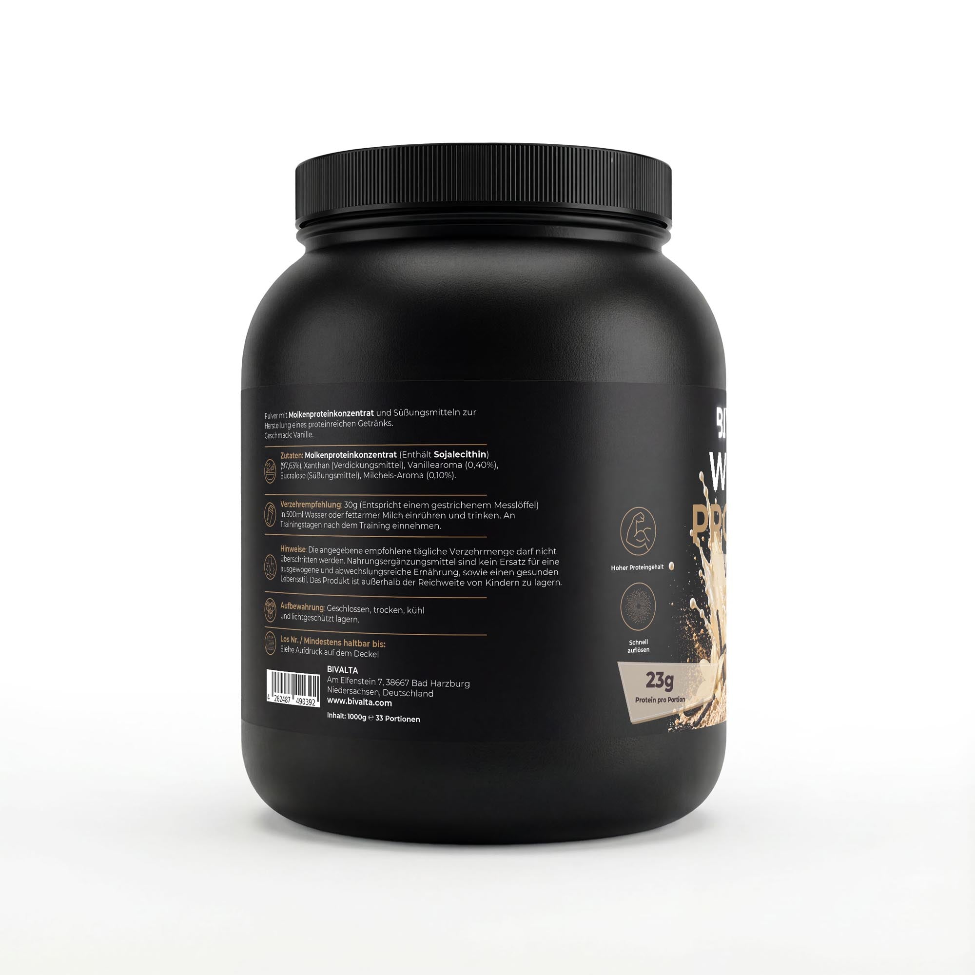 Bivalta Premium Whey Protein Pulver mit Vanillegeschmack in schwarzer Premium-Verpackung mit Vanillemotiv. Proteinpulver mit 23,43 g Protein pro Portion und 33 Portionen.
