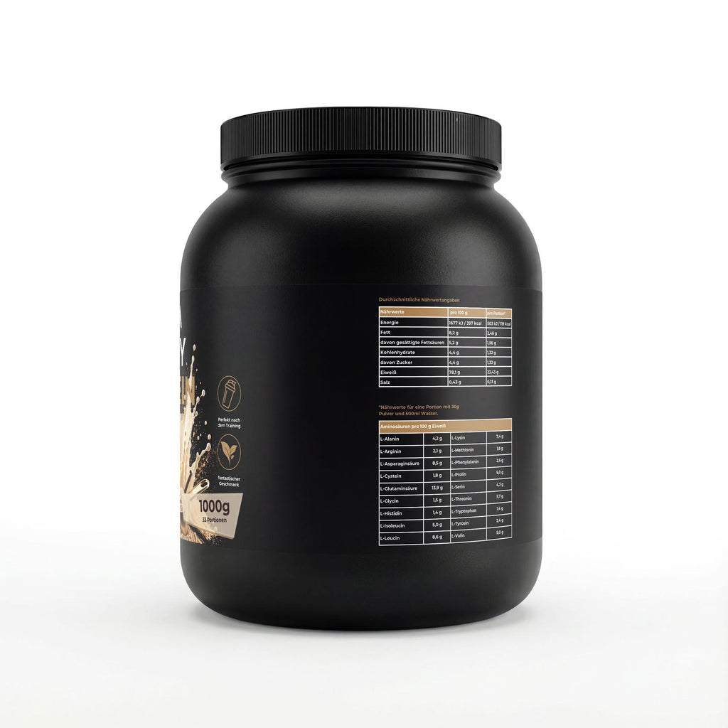 Bivalta Premium Whey Protein Pulver mit Vanillegeschmack in schwarzer Premium-Verpackung mit Vanillemotiv. Proteinpulver mit 23,43 g Protein pro Portion und 33 Portionen.