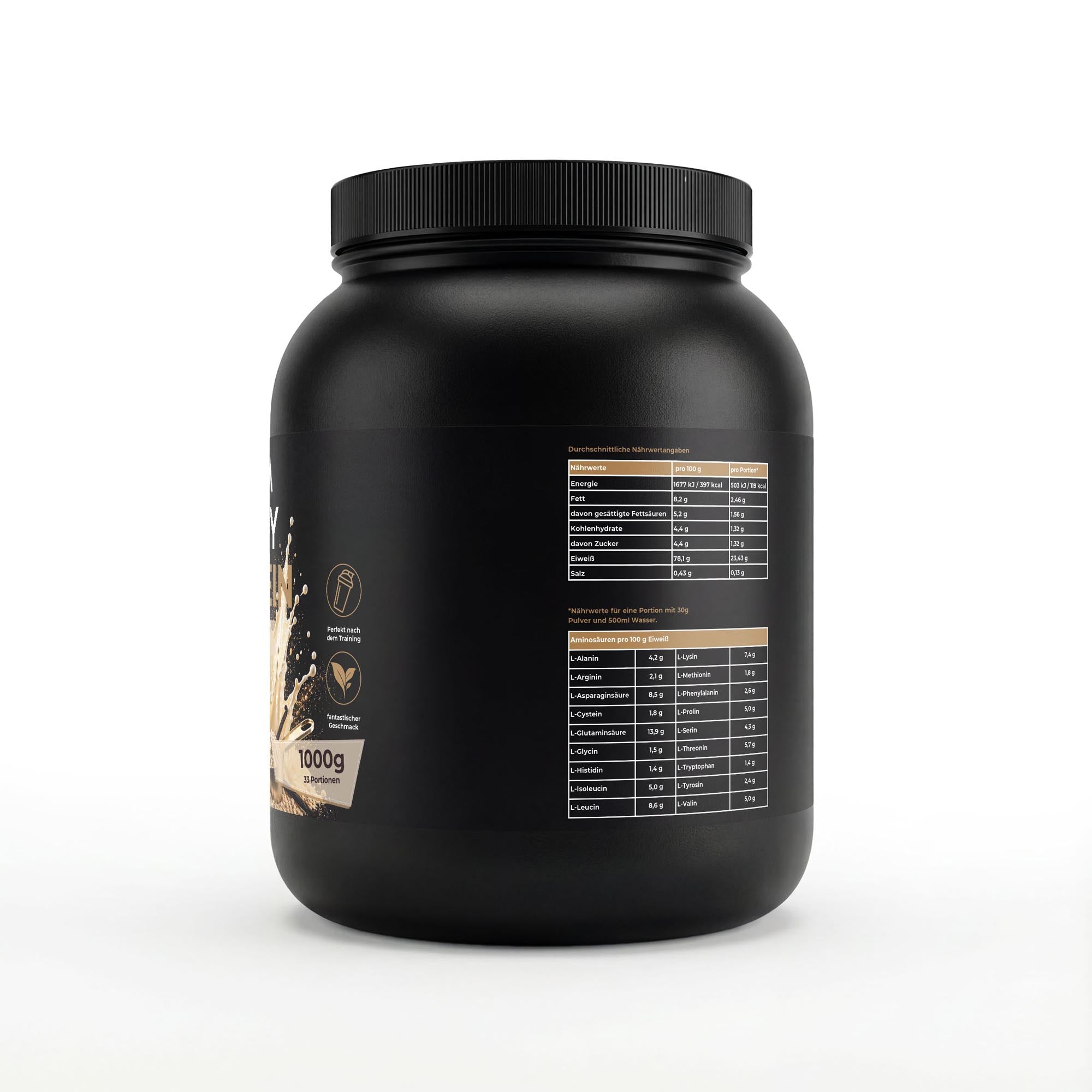 Bivalta Premium Whey Protein Pulver mit Vanillegeschmack in schwarzer Premium-Verpackung mit Vanillemotiv. Proteinpulver mit 23,43 g Protein pro Portion und 33 Portionen.
