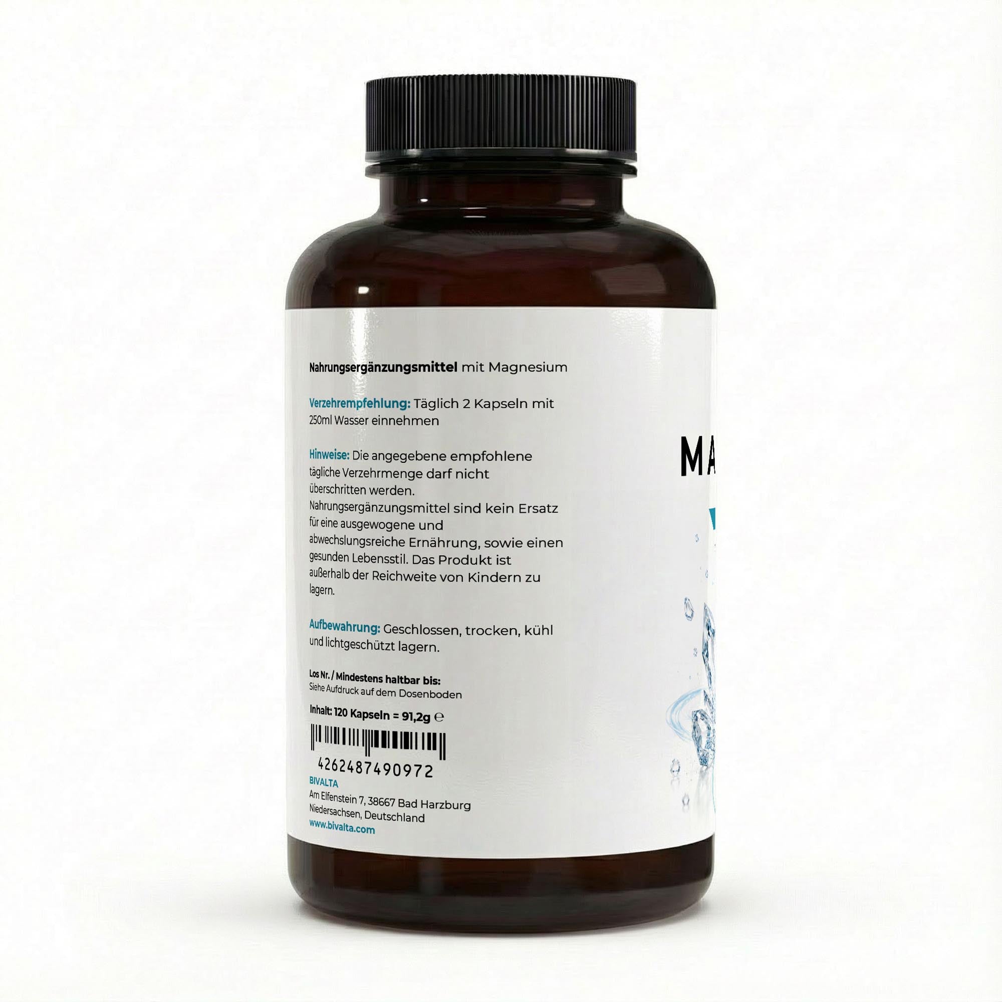Bivalta Magnesium 6x Komplex + B6 in brauner Premium-Dose mit weißem Etikett und Magnesium-Motiv. Vegane Magnesiumkapseln mit sechs Magnesiumverbindungen und Vitamin B6.