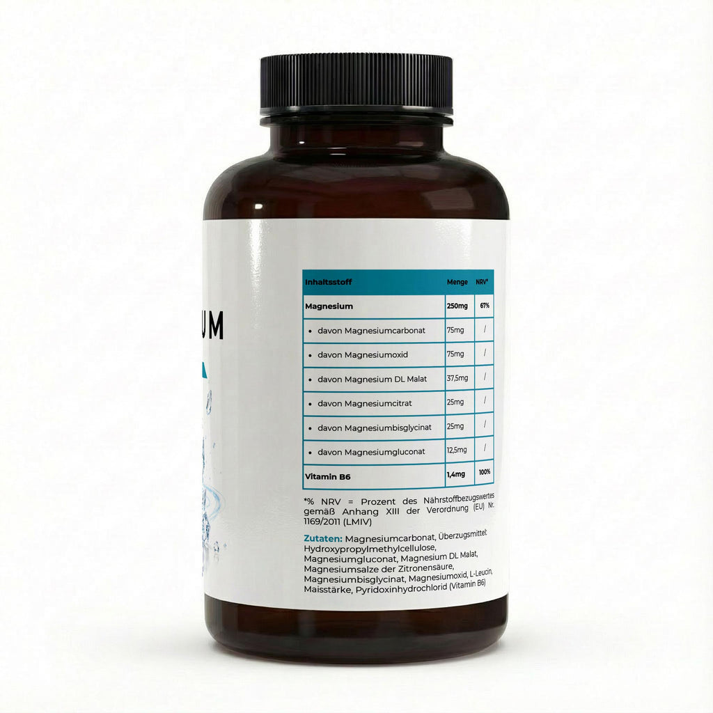 Bivalta Magnesium 6x Komplex + B6 in brauner Premium-Dose mit weißem Etikett und Magnesium-Motiv. Vegane Magnesiumkapseln mit sechs Magnesiumverbindungen und Vitamin B6.