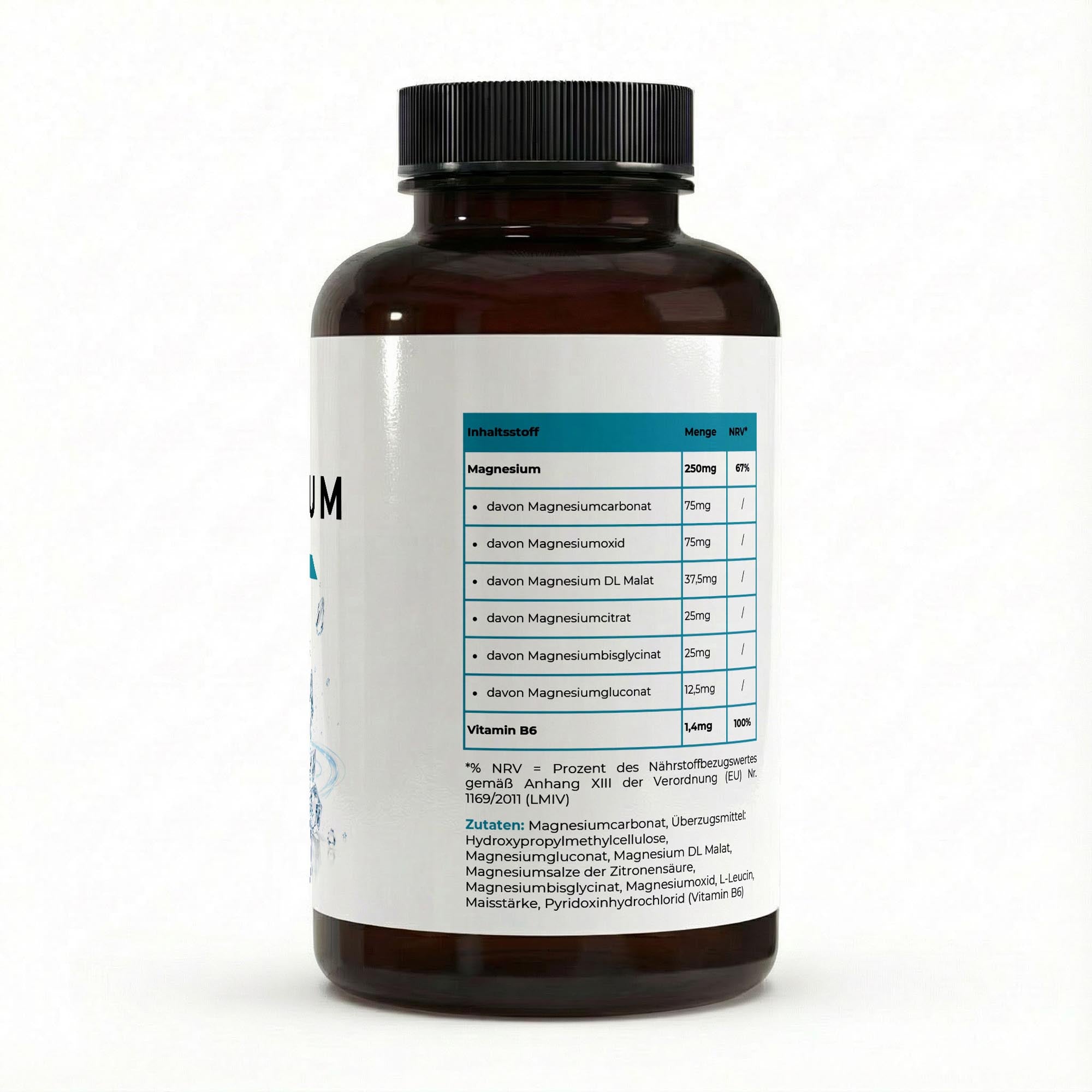 Bivalta Magnesium 6x Komplex + B6 in brauner Premium-Dose mit weißem Etikett und Magnesium-Motiv. Vegane Magnesiumkapseln mit sechs Magnesiumverbindungen und Vitamin B6.