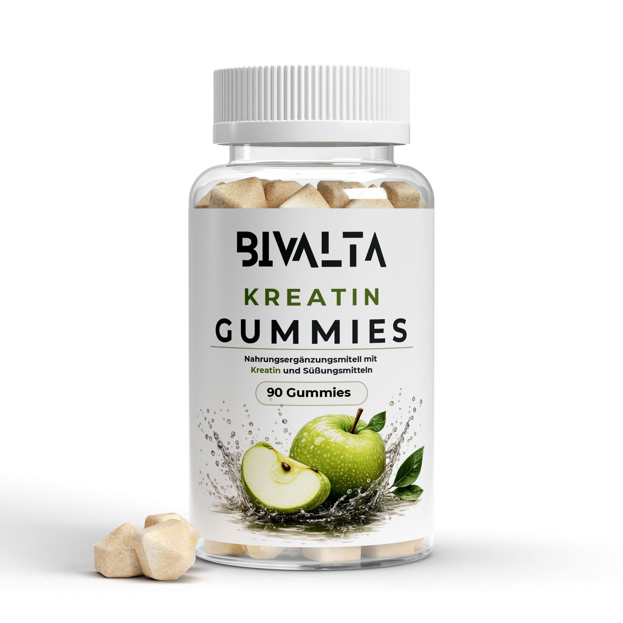 Bivalta Kreatin Gummies mit Apfelgeschmack in brauner Premium-Dose mit weißem Etikett und Apfelmotiv. Vegane Kreatin Gummies mit 3 g Kreatin pro Tagesdosis ohne Zucker.
