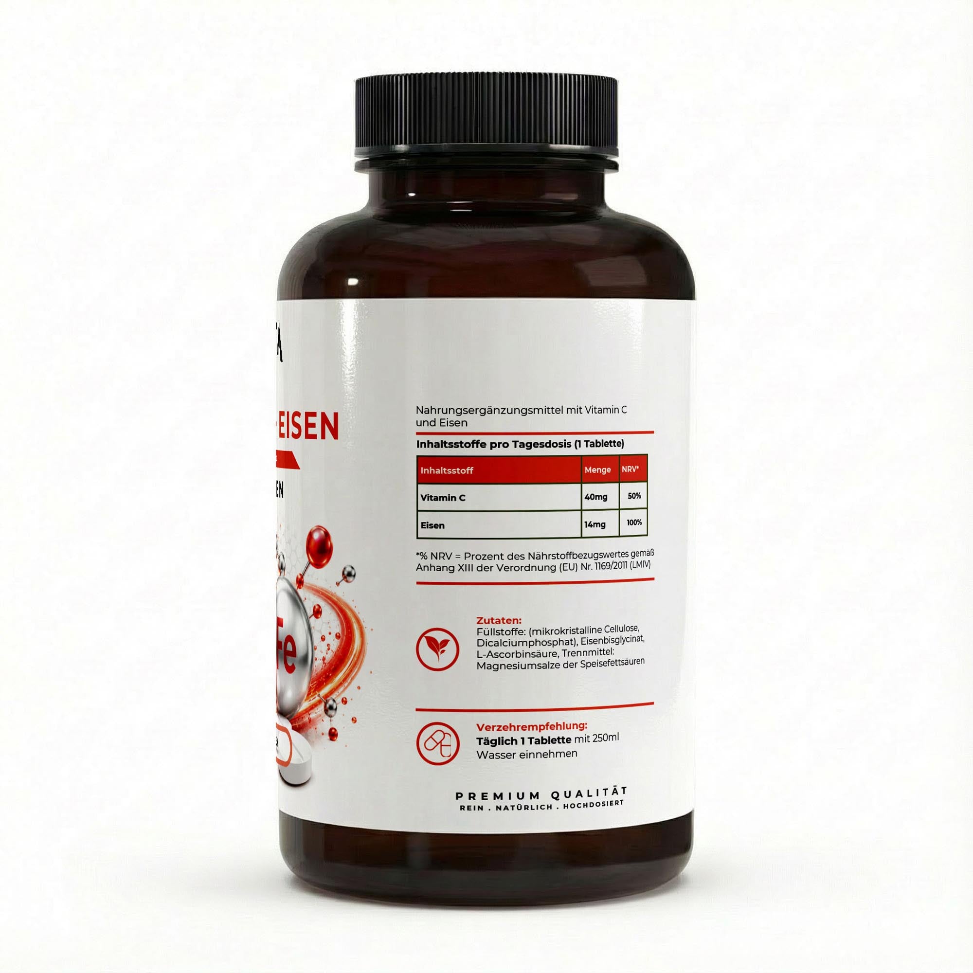 Bivalta Vitamin C + Eisen Tabletten in weiß-rotem Premium-Design mit Eisen- und Vitamin-C-Motiv. Vegane Eisen Tabletten mit Eisenbisglycinat und Vitamin C.