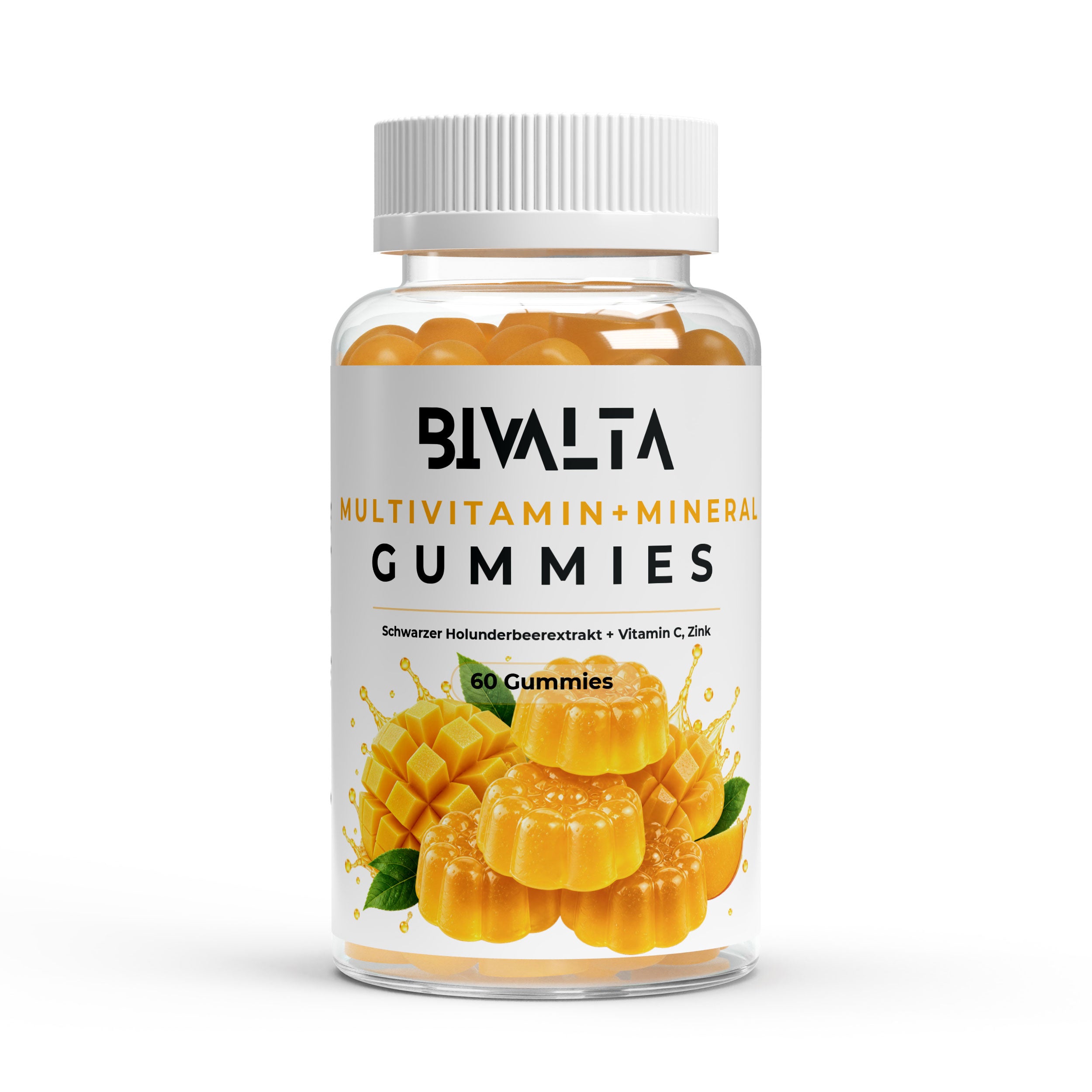 Bivalta Multivitamin + Mineral Gummies in brauner Premium-Dose mit weißem Etikett und Mango-Motiv. Vegane Multivitamin Gummies mit Vitaminen, Mineralstoffen und Mango-Geschmack ohne Zuckerzusatz.