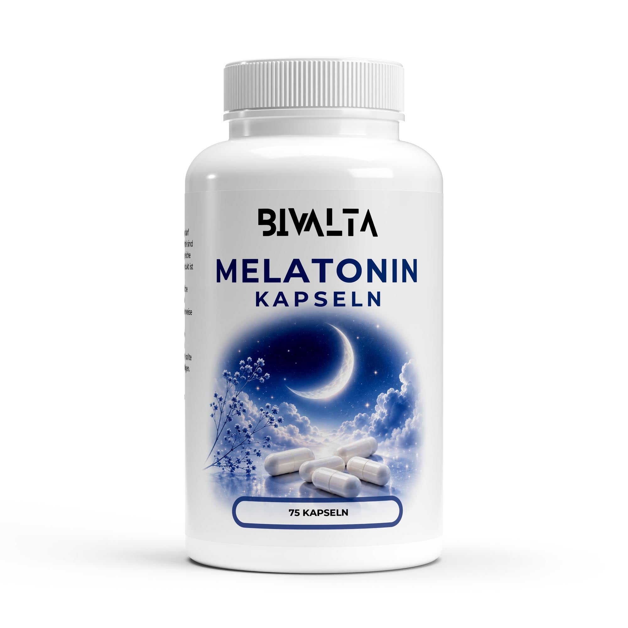 Bivalta Melatonin Kapseln in modernem blau-weißem Premium-Design mit Nachtmotiv. Vegane Melatonin Kapseln mit 1 mg Melatonin pro Kapsel.
