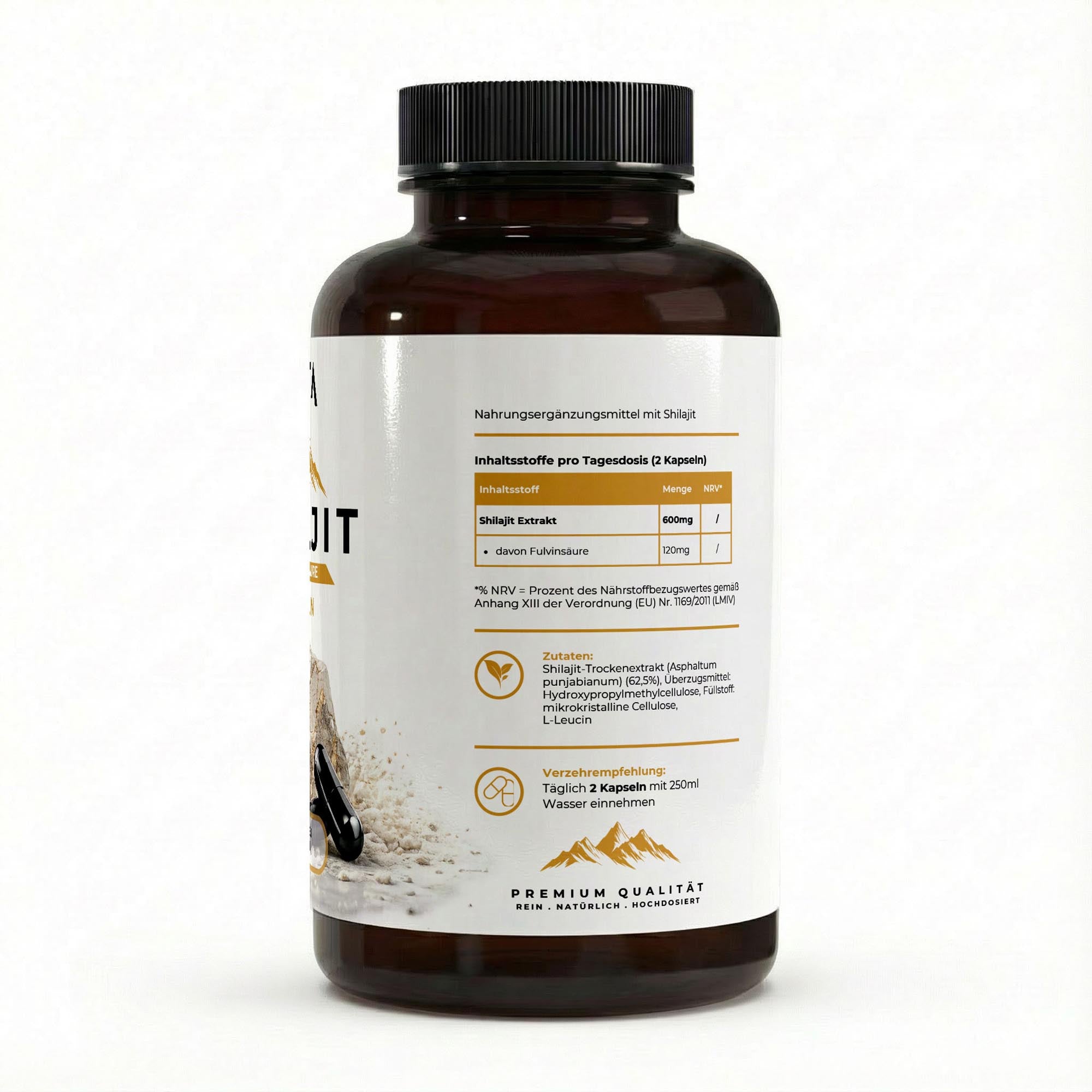 Bivalta Shilajit Kapseln in weiß-goldenem Premium-Design mit Bergmotiv. Vegane Shilajit Kapseln mit 20 % Fulvinsäure und hochdosiertem Shilajit Extrakt.