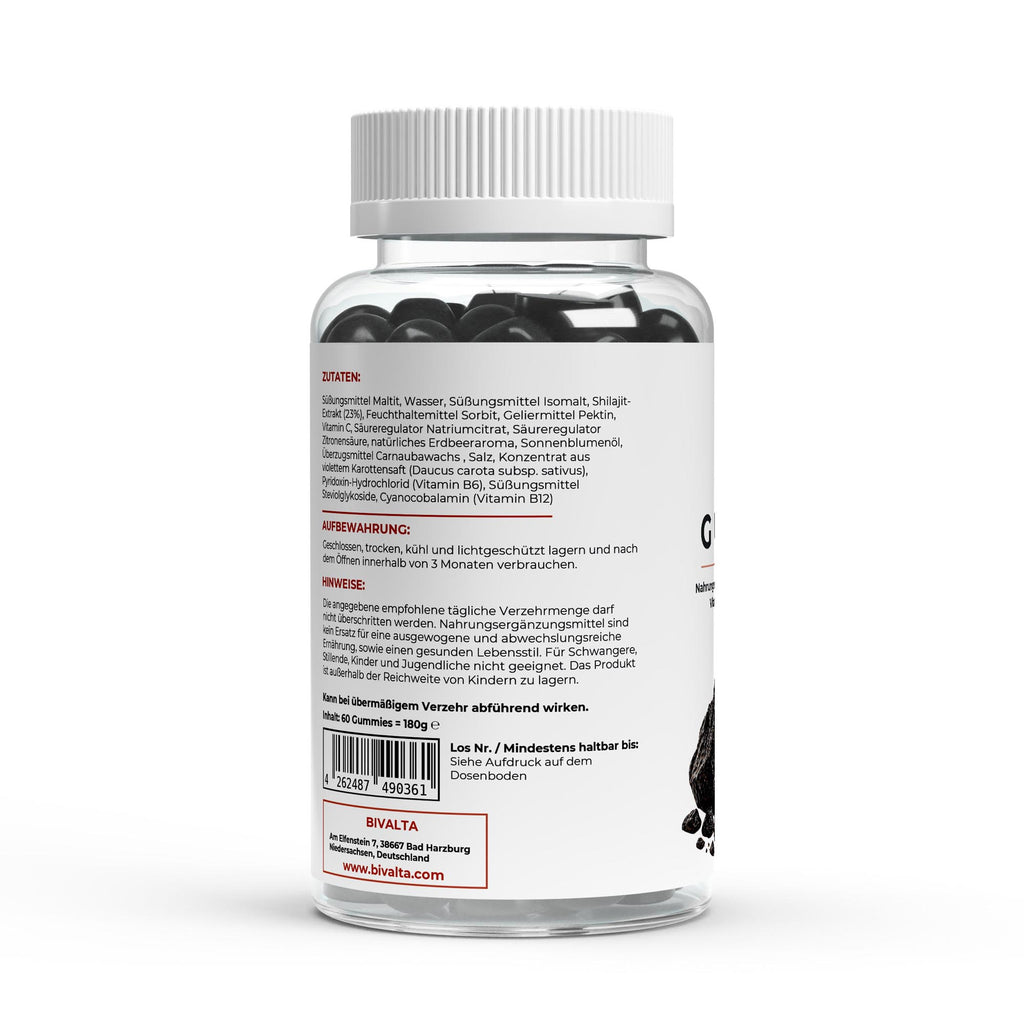 Bivalta Shilajit Gummies in modernem Premium-Design mit Erdbeer- und Shilajit-Motiv. Vegane Gummies mit Shilajit-Extrakt, Vitamin C, Vitamin B6 und Vitamin B12 ohne Zucker.
