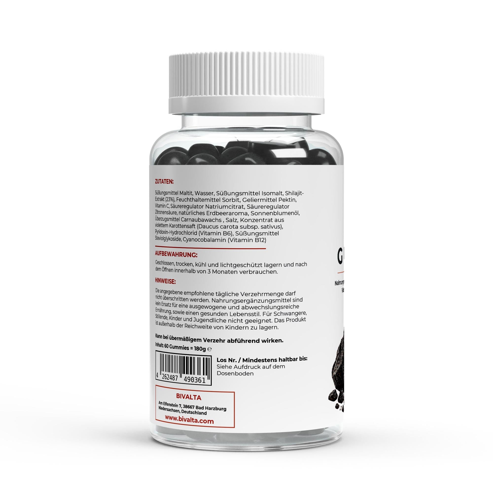 Bivalta Shilajit Gummies in modernem Premium-Design mit Erdbeer- und Shilajit-Motiv. Vegane Gummies mit Shilajit-Extrakt, Vitamin C, Vitamin B6 und Vitamin B12 ohne Zucker.