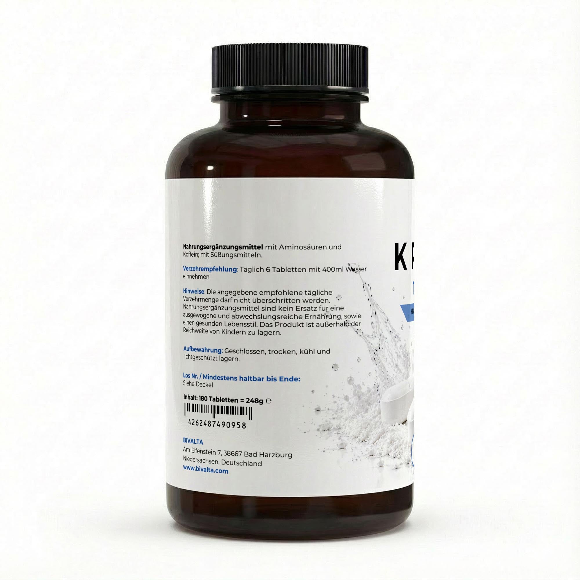 Bivalta Kreatin Monohydrat Tabletten in modernem weiß-blauem Premium-Design mit Kreatin-Pulvermotiv. Vegane Kreatin Tabletten mit 4.500 mg Kreatinmonohydrat pro Tagesdosis.