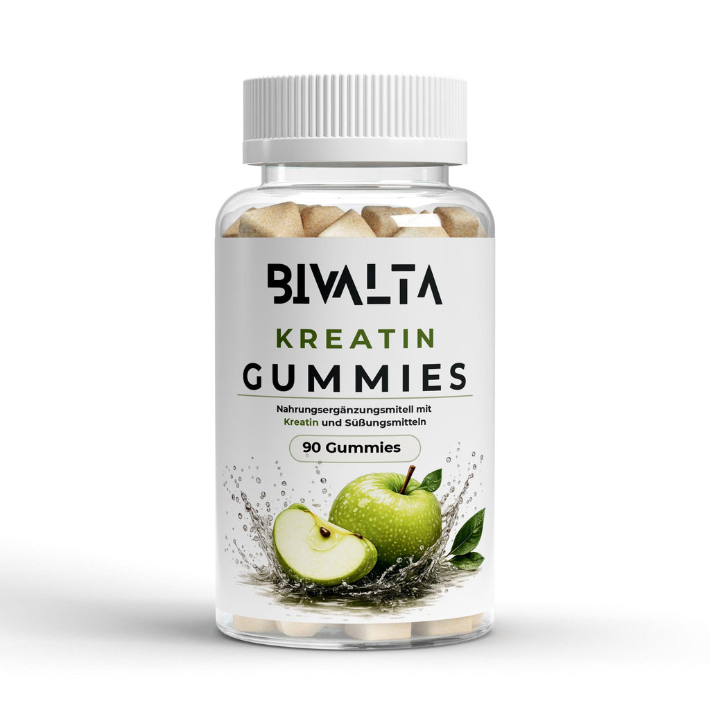Bivalta Kreatin Gummies mit Apfelgeschmack in brauner Premium-Dose mit weißem Etikett und Apfelmotiv. Vegane Kreatin Gummies mit 3 g Kreatin pro Tagesdosis ohne Zucker.