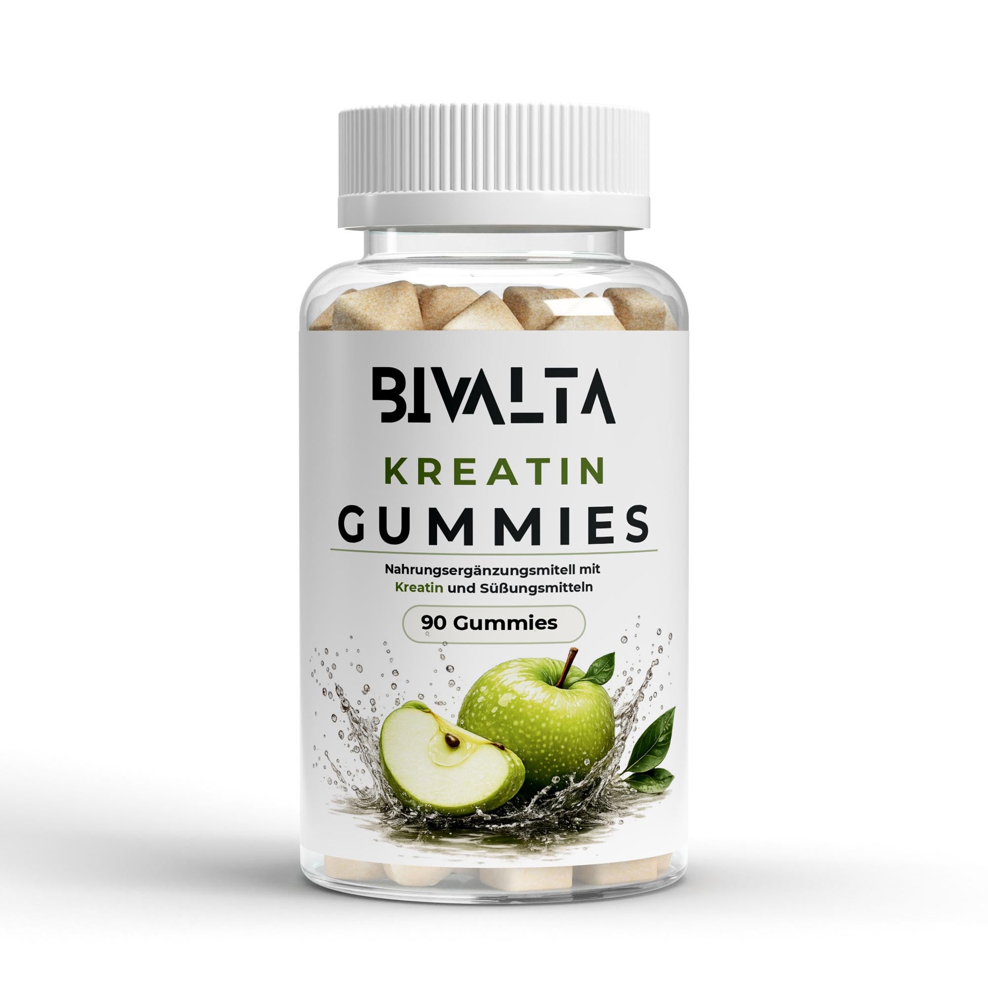 Bivalta Kreatin Gummies mit Apfelgeschmack in brauner Premium-Dose mit weißem Etikett und Apfelmotiv. Vegane Kreatin Gummies mit 3 g Kreatin pro Tagesdosis ohne Zucker.