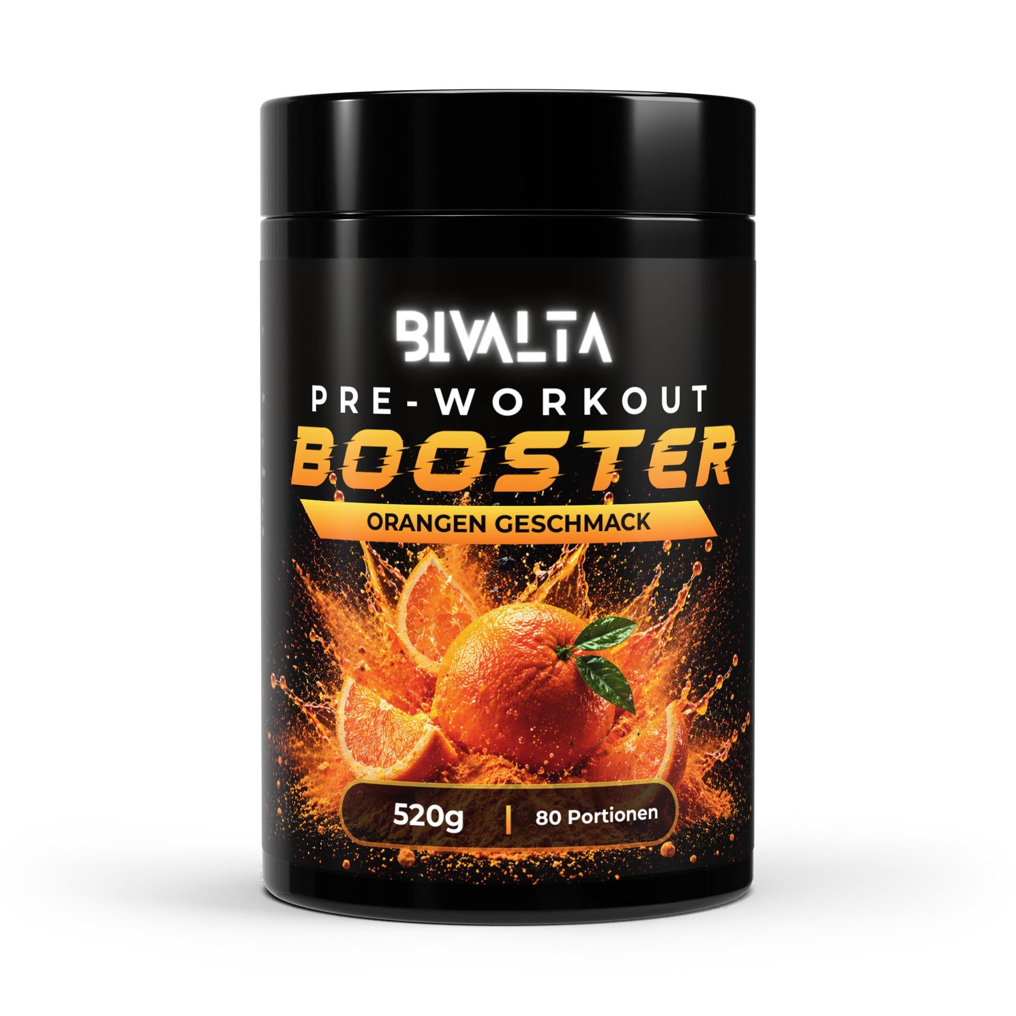 Bivalta Pre-Workout Booster Pulver mit Orangengeschmack in schwarzer Premium-Verpackung mit Orangenmotiv. Trainingsbooster mit Kreatin, Beta-Alanin und Koffein, 80 Portionen.