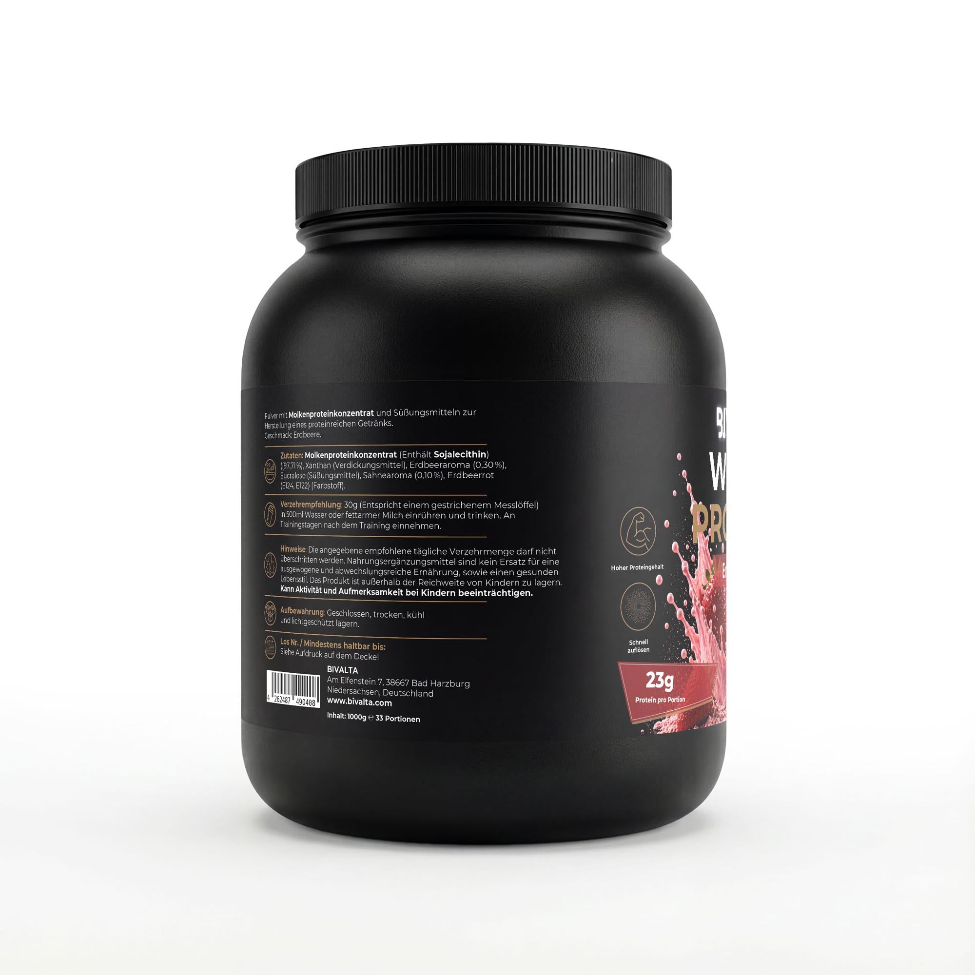Bivalta Premium Whey Protein Pulver mit Erdbeergeschmack in schwarzer Premium-Verpackung mit Erdbeermotiv. Proteinpulver mit 23,4 g Protein pro Portion und 33 Portionen.