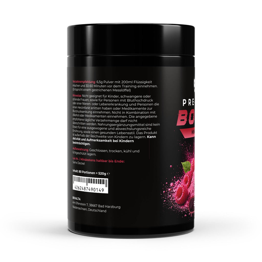 Bivalta Pre-Workout Booster Pulver mit Himbeer-Geschmack in schwarzer Premium-Verpackung mit Himbeermotiv. Trainingsbooster mit Kreatin, Beta-Alanin und Koffein, 80 Portionen.