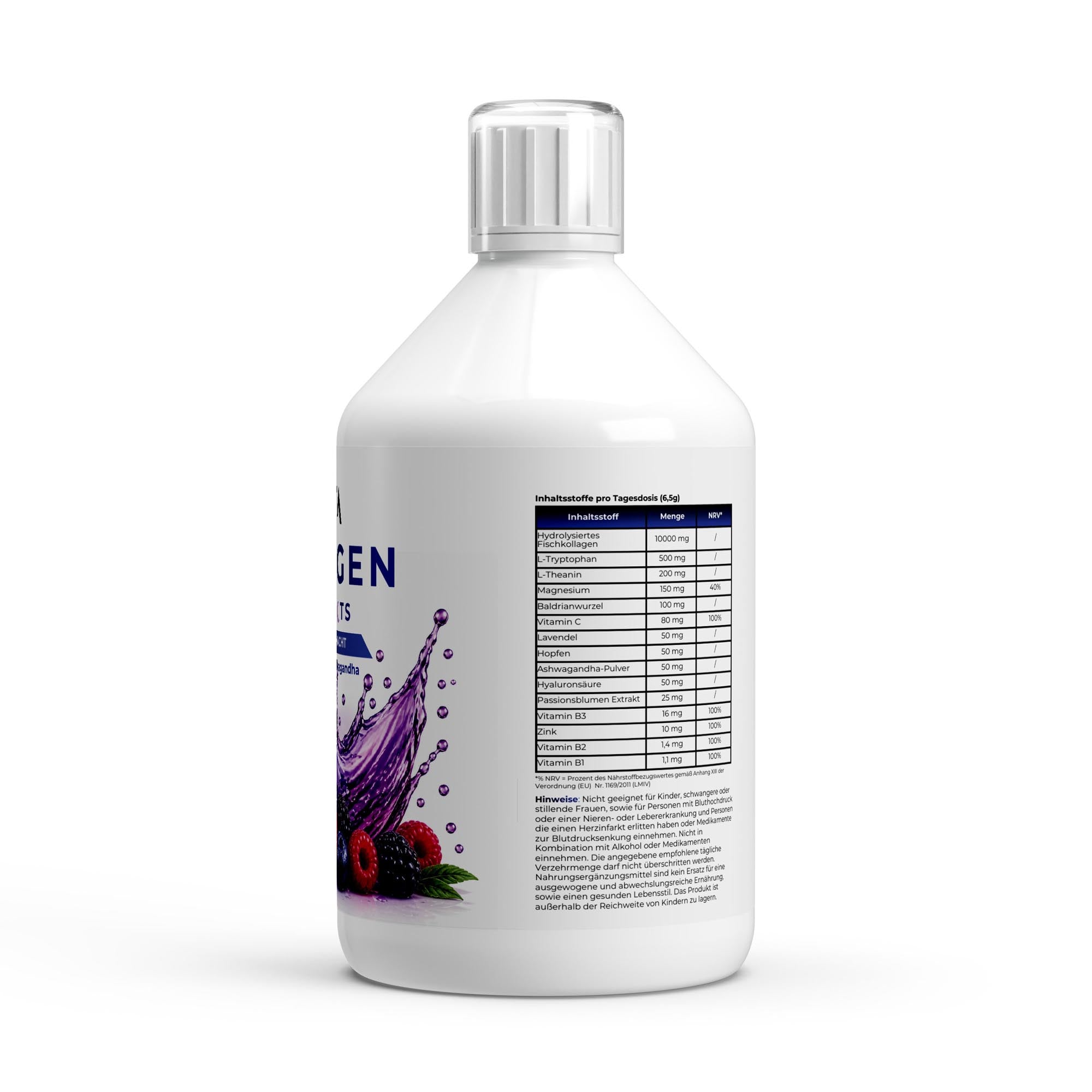 Bivalta Kollagen Night Shots Plus+ in violetter Premium-Verpackung mit Beeren- und Lavendelmotiv. Nahrungsergänzungsmittel mit Fischkollagen Typ 1 & 3, Hyaluronsäure, Vitaminen und Pflanzenextrakten.