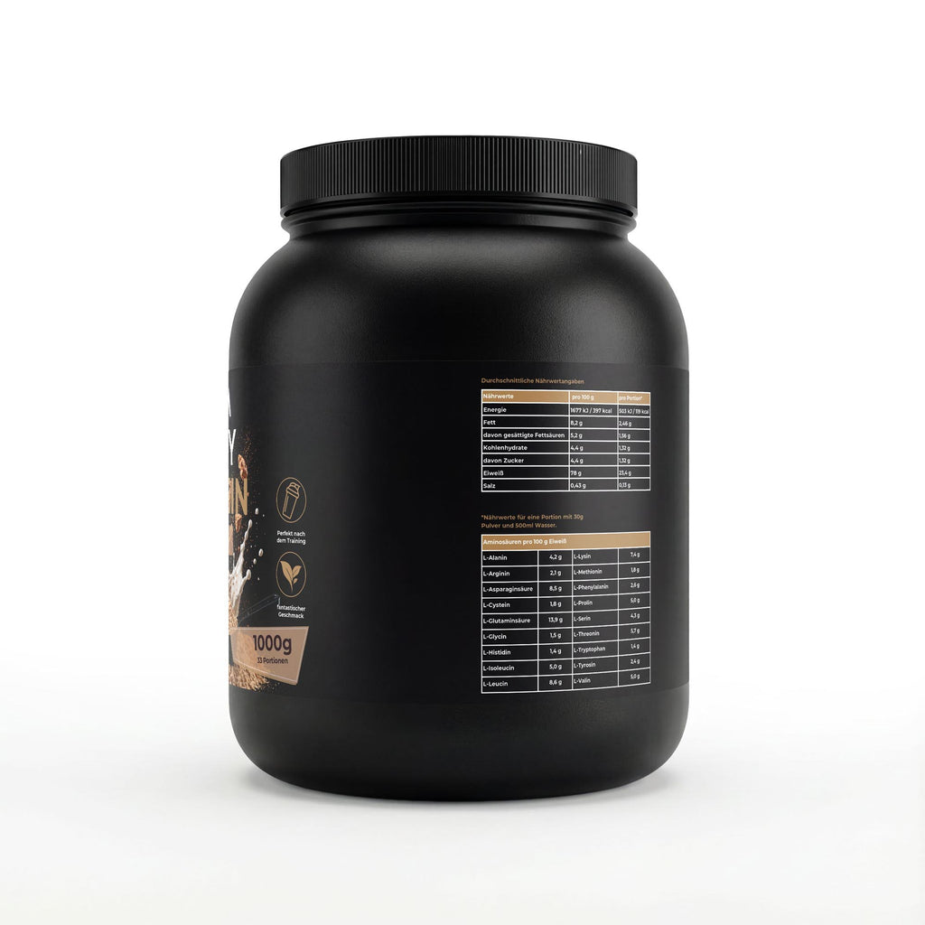 Bivalta Premium Whey Protein Pulver mit Cookies-Geschmack in schwarzer Premium-Verpackung mit Cookie-Motiv. Proteinpulver mit 23,4 g Protein pro Portion und 33 Portionen.