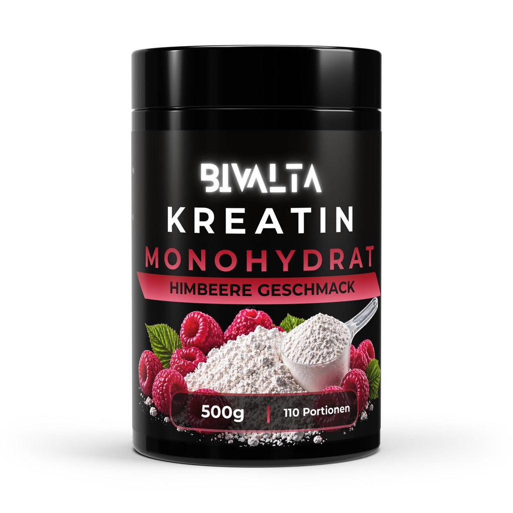 Bivalta Kreatin Monohydrat Pulver mit Himbeer-Geschmack in schwarzer Premium-Verpackung mit Himbeermotiv. Kreatin Pulver mit 3,5 g Kreatin pro Portion und 110 Portionen.
