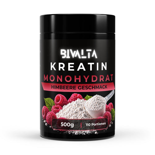 Bivalta Kreatin Monohydrat Pulver mit Himbeer-Geschmack in schwarzer Premium-Verpackung mit Himbeermotiv. Kreatin Pulver mit 3,5 g Kreatin pro Portion und 110 Portionen.