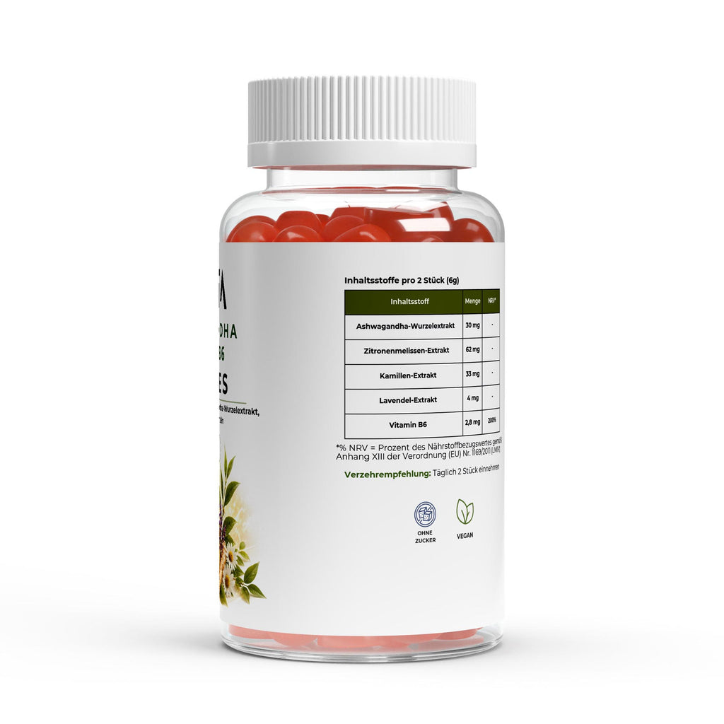 Bivalta Ashwagandha + Vitamin B6 Gummies in brauner Premium-Dose mit weißem Etikett, Mango- und Pflanzenmotiv. Vegane Gummies mit Ashwagandha-Wurzelextrakt und Vitamin B6 ohne Zucker.