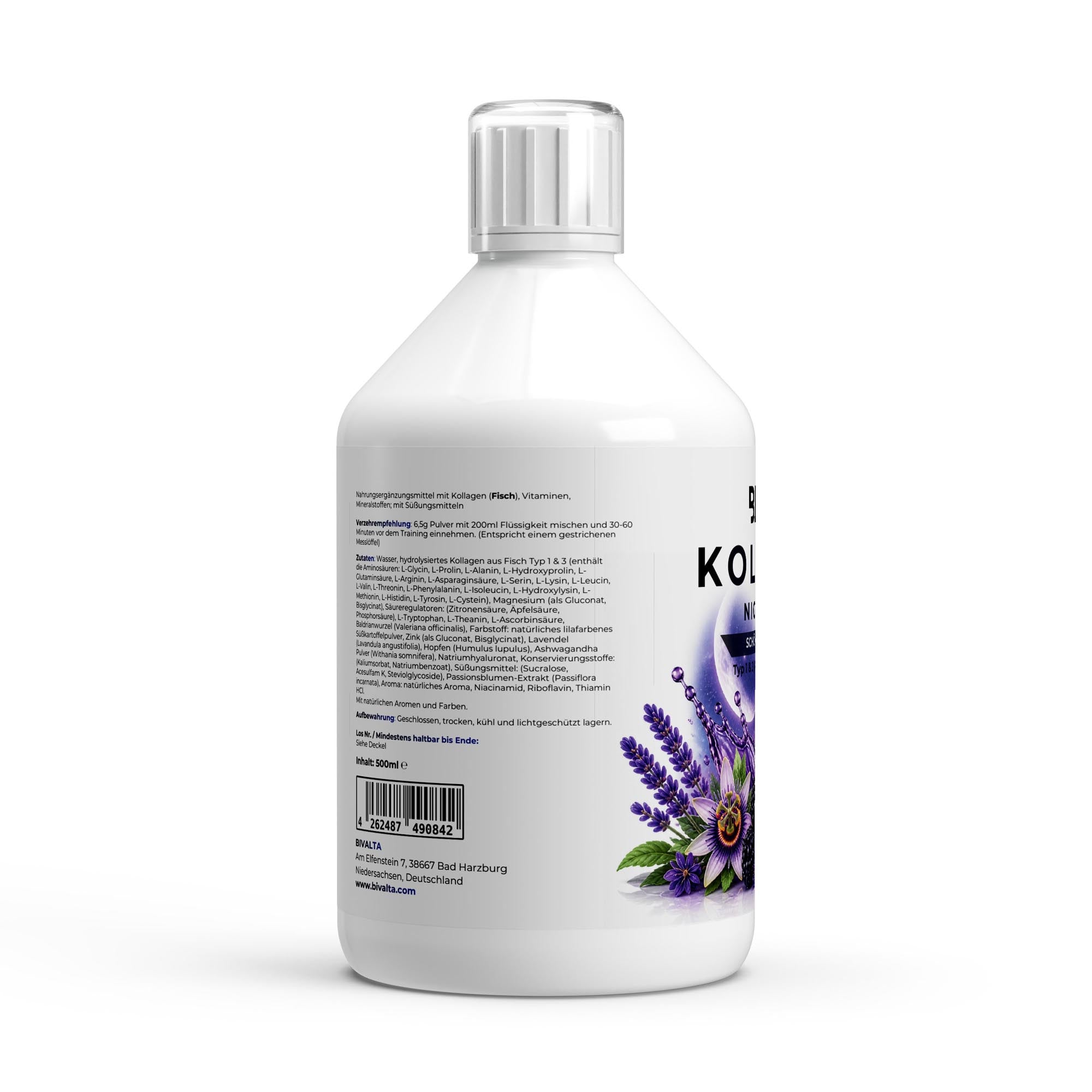 Bivalta Kollagen Night Shots Plus+ in violetter Premium-Verpackung mit Beeren- und Lavendelmotiv. Nahrungsergänzungsmittel mit Fischkollagen Typ 1 & 3, Hyaluronsäure, Vitaminen und Pflanzenextrakten.