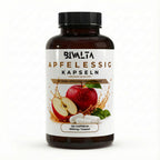 Bivalta Apfelessig Kapseln in brauner Premium-Dose mit weiß-grünem Etikett und Apfelmotiv. Nahrungsergänzungsmittel mit Apfelessig Saftkonzentrat, 120 Kapseln, 600 mg pro Kapsel.