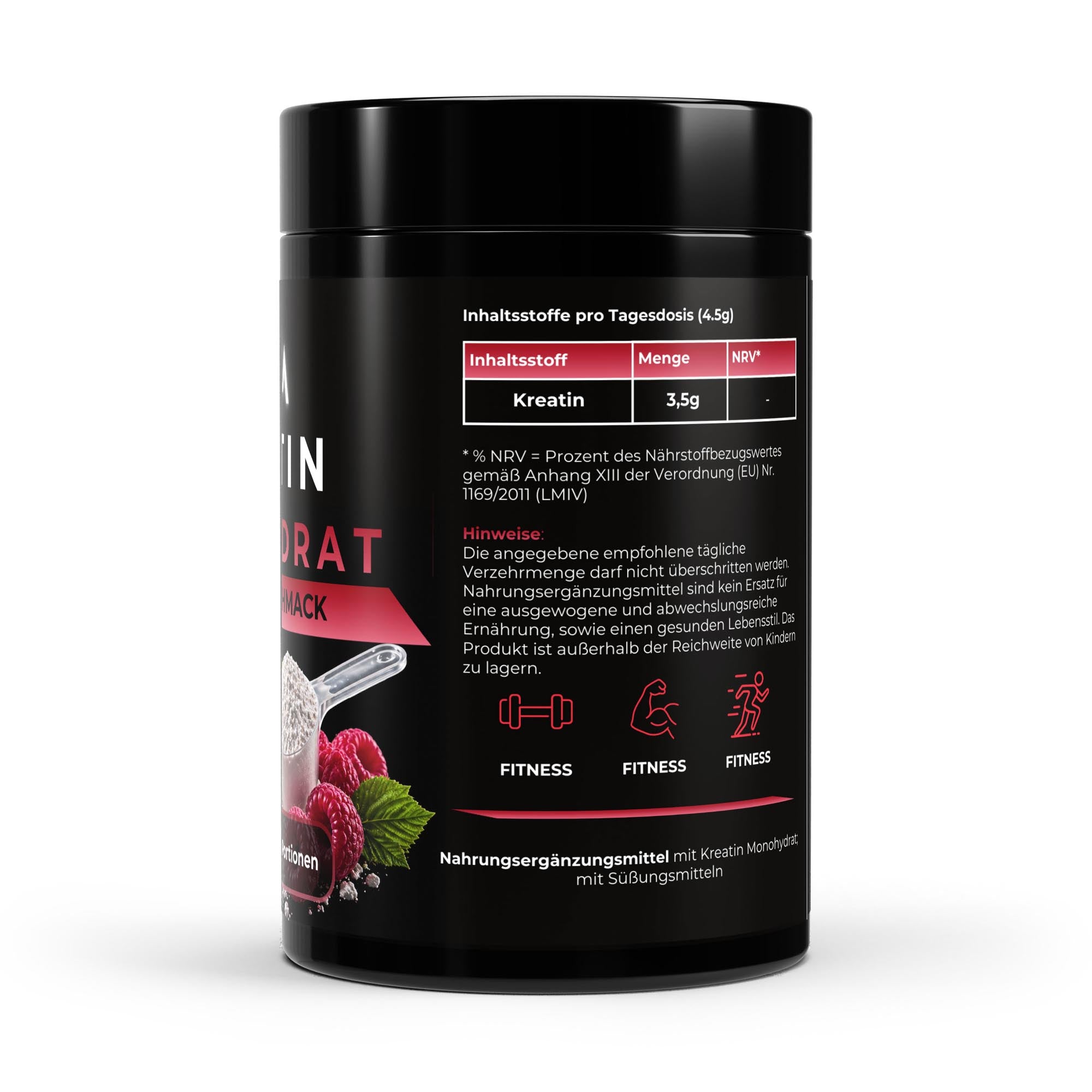 Bivalta Kreatin Monohydrat Pulver mit Himbeer-Geschmack in schwarzer Premium-Verpackung mit Himbeermotiv. Kreatin Pulver mit 3,5 g Kreatin pro Portion und 110 Portionen.