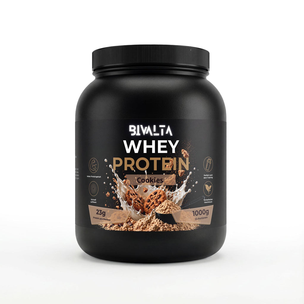 Bivalta Premium Whey Protein Pulver mit Cookies-Geschmack in schwarzer Premium-Verpackung mit Cookie-Motiv. Proteinpulver mit 23,4 g Protein pro Portion und 33 Portionen.