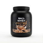 Bivalta Premium Whey Protein Pulver mit Cookies-Geschmack in schwarzer Premium-Verpackung mit Cookie-Motiv. Proteinpulver mit 23,4 g Protein pro Portion und 33 Portionen.