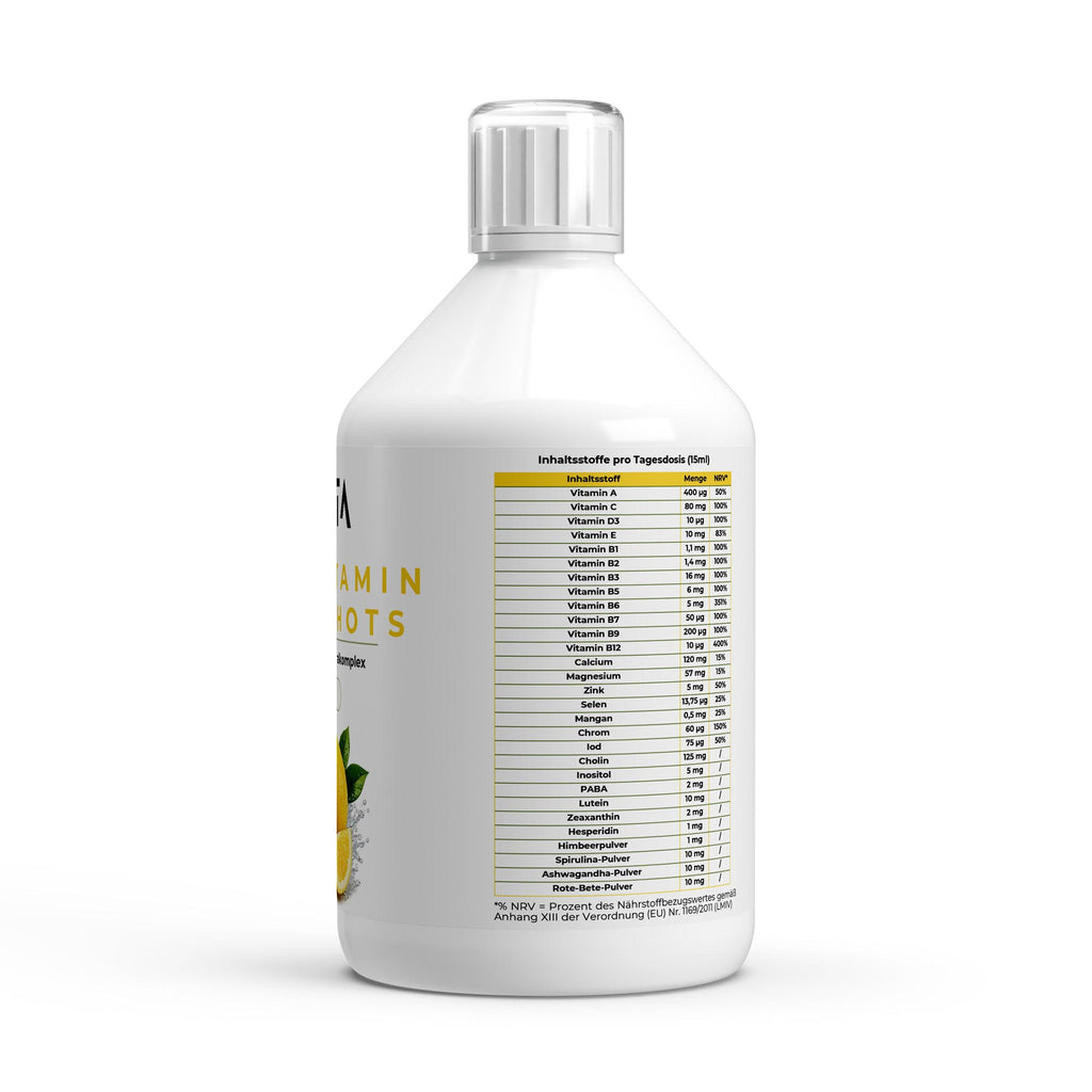 Bivalta Multivitamin Basic Shots Plus+ in gelber Premium-Verpackung mit Zitronenmotiv. Flüssiges Multivitamin Nahrungsergänzungsmittel mit Vitaminen, Mineralstoffen und 33 Shots.