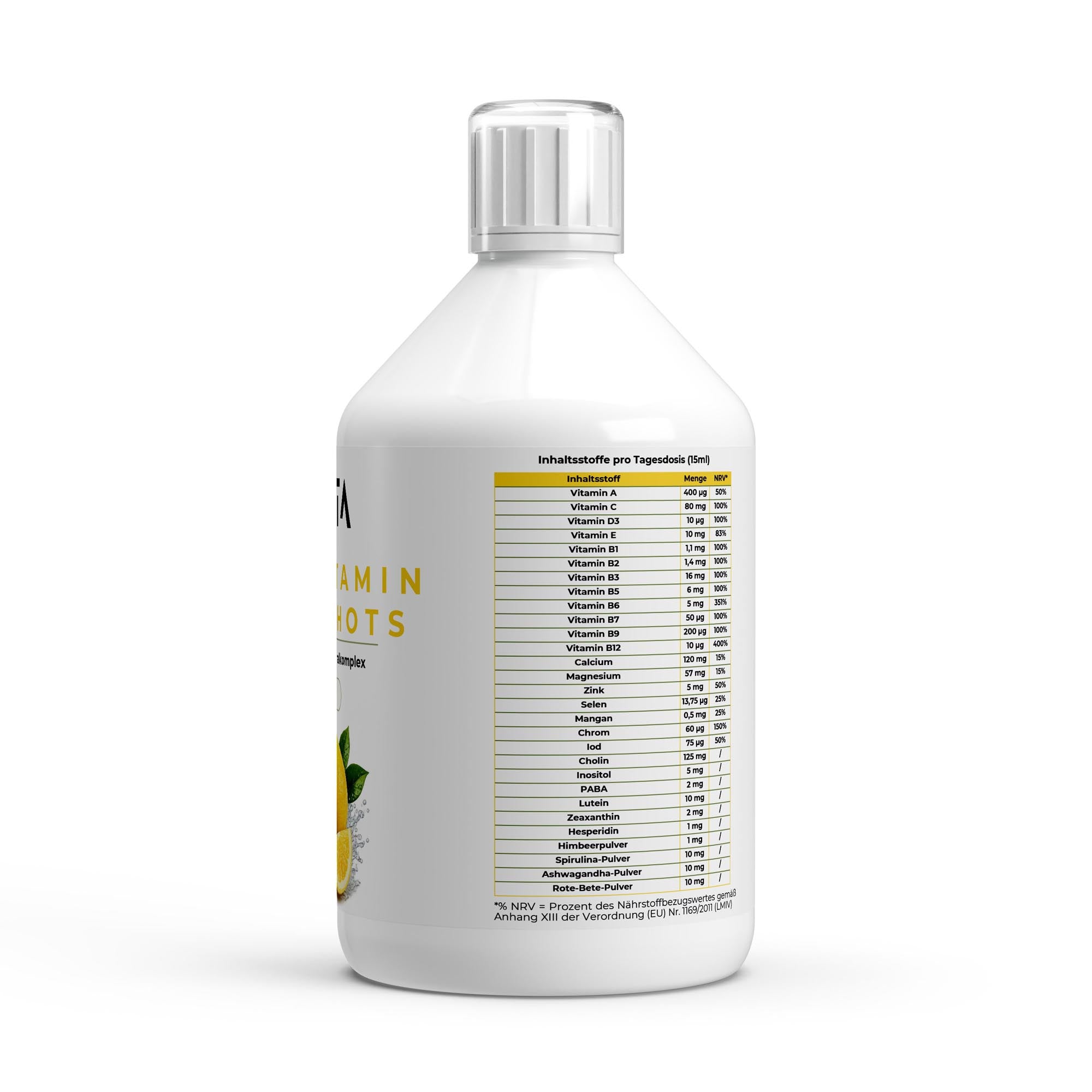 Bivalta Multivitamin Basic Shots Plus+ in gelber Premium-Verpackung mit Zitronenmotiv. Flüssiges Multivitamin Nahrungsergänzungsmittel mit Vitaminen, Mineralstoffen und 33 Shots.