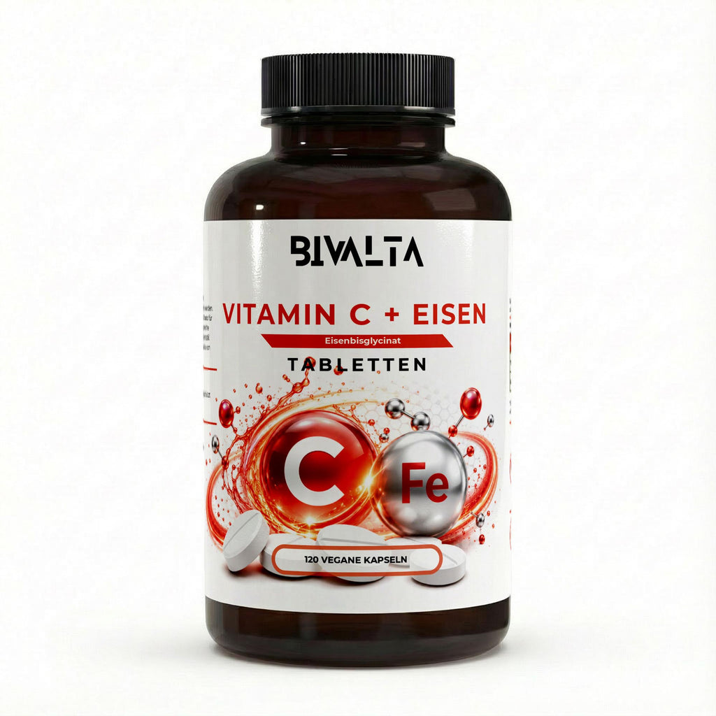 Bivalta Vitamin C + Eisen Tabletten in weiß-rotem Premium-Design mit Eisen- und Vitamin-C-Motiv. Vegane Eisen Tabletten mit Eisenbisglycinat und Vitamin C.